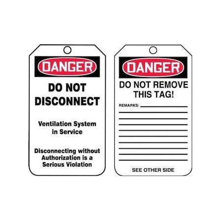 Accuform Safety Tags, DANGER DO NOT DISCONNECT, 5.75in x 3.25in, RP-Plastic, 25PK TCS315PTP
